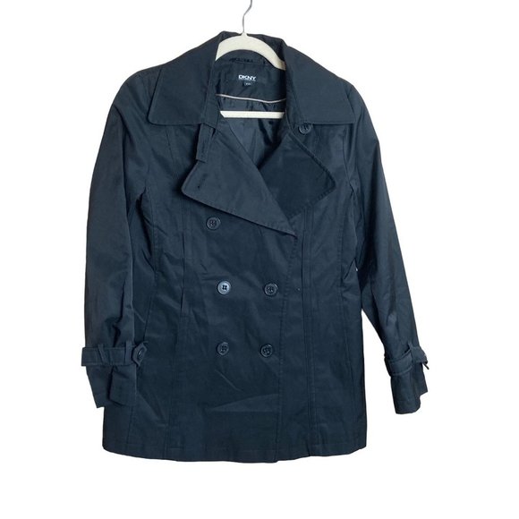 DKNY Donna Karan Women Black Lined Double Breasted Jacket Coat Petite Medium PM